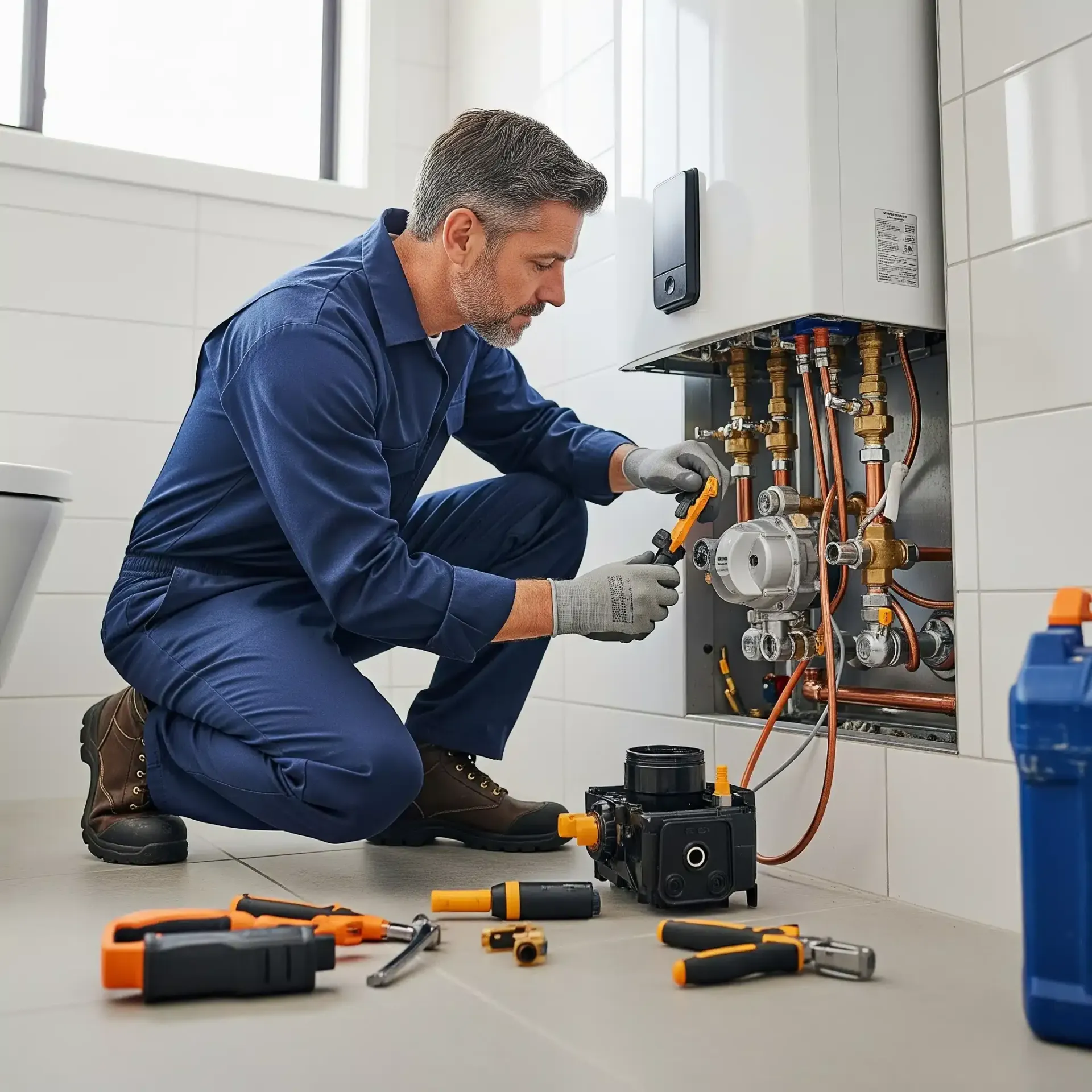 Plumber in blue jumpsuit repairs a boiler in a white-tiled bathroom.