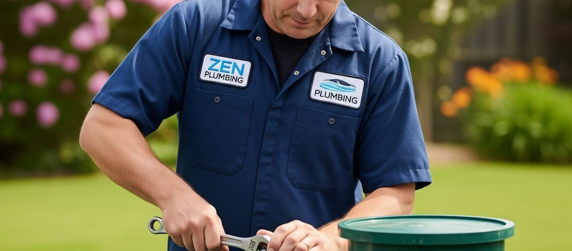 Man in a blue uniform uses a wrench on a green object, outdoors on a lawn.