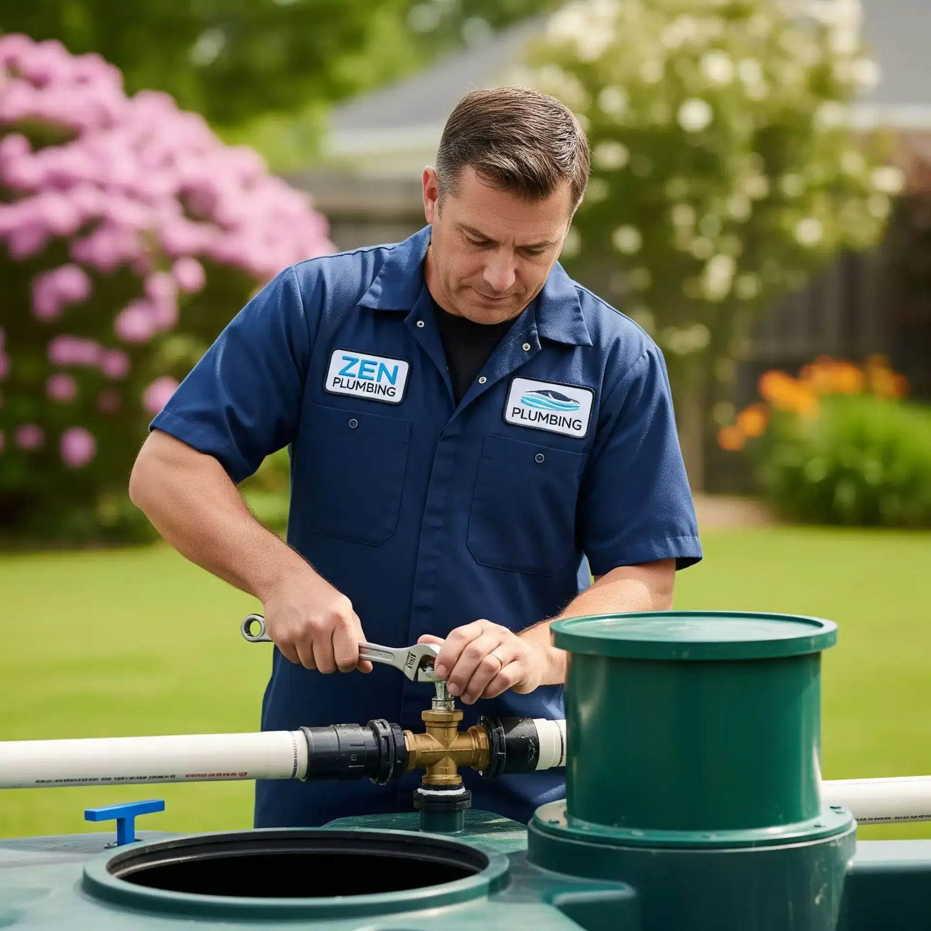A man in a blue uniform works on plumbing equipment in a yard, tightening a valve with a wrench.