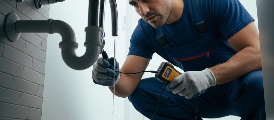 A plumber in blue overalls inspects a sink drain, using a tool, crouched down in a brightly lit room.