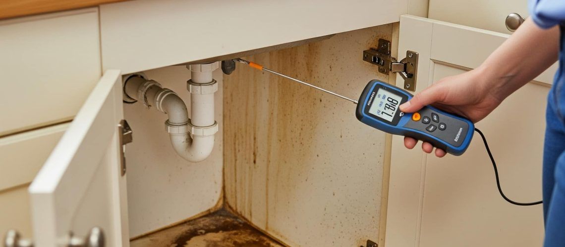 A person uses a moisture meter to check inside a cabinet under a sink for water damage.