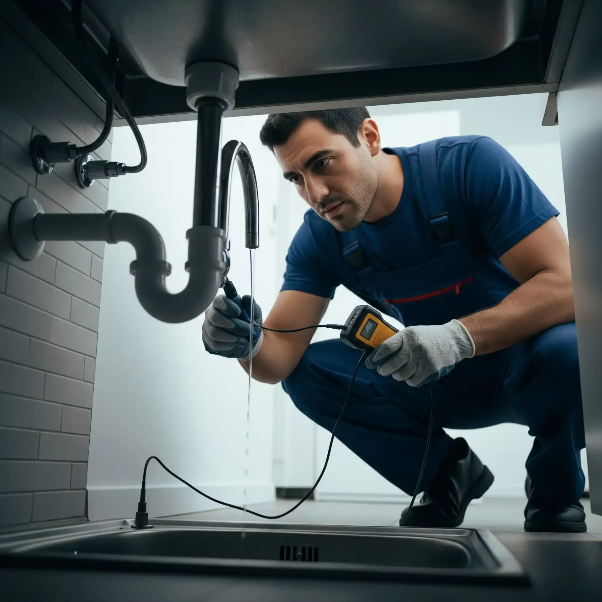 Plumber inspecting a sink drain with a camera, kneeling under the sink.
