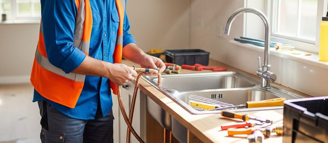 A worker in orange vest examines a copper tube by a kitchen sink. Tools and supplies are scattered on the counter.