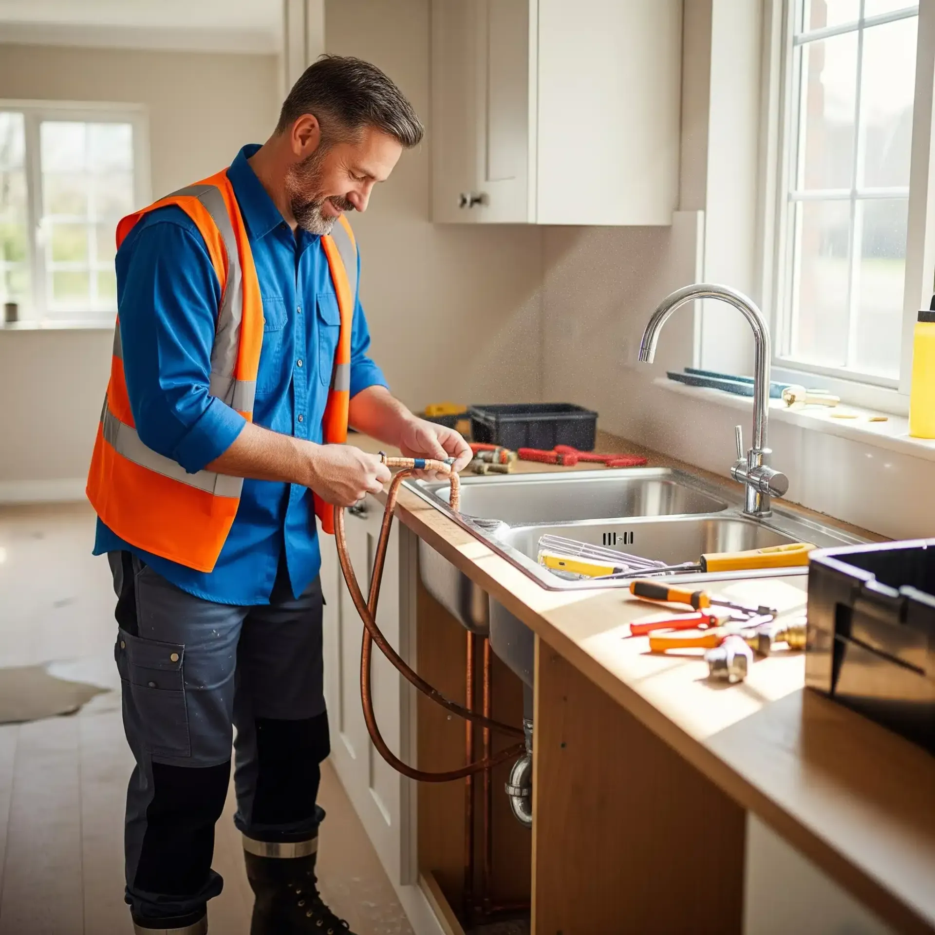 Plumber in orange vest installs pipes under a kitchen sink, smiling.