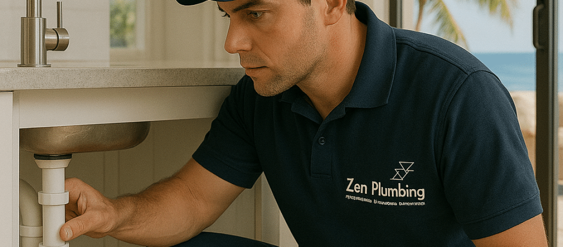 A plumber in a navy polo shirt examines pipes under a sink, with the ocean visible in the background.
