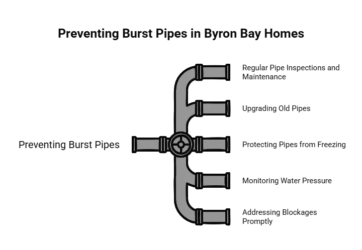 Diagram showing how to prevent burst pipes in Byron Bay homes, listing solutions from a central hub.