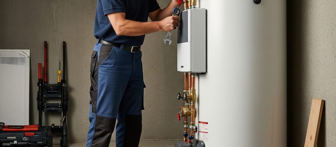 A plumber in a dark blue uniform working on a white water heater in a garage-like setting.