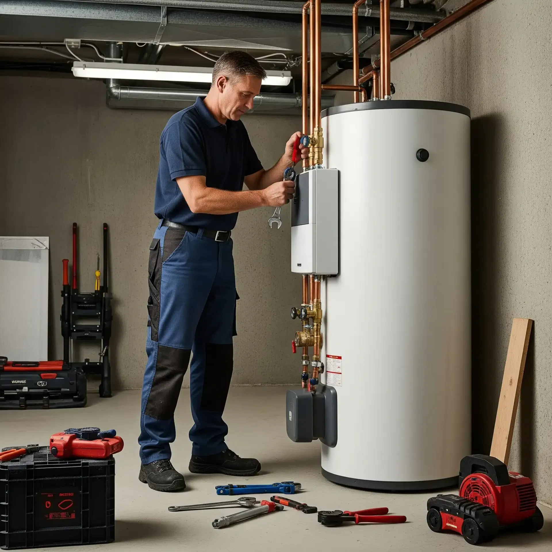 Man in work clothes repairs a water heater in a basement, surrounded by tools.