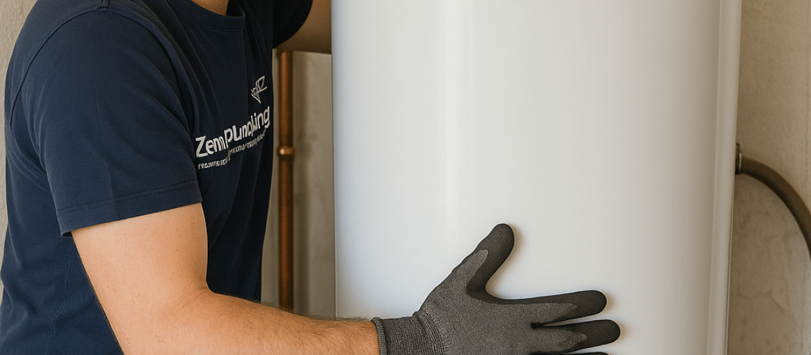 A person in a blue shirt and gloves, installing a white water heater.