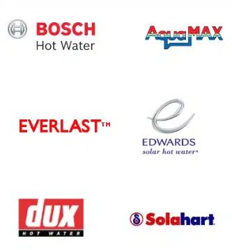 Logos for Bosch, AquaMAX, Everlast, Edwards, Dux, and Solahart hot water systems.