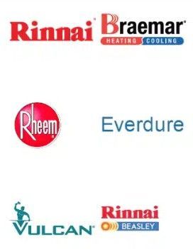 Logos for Rinnai, Braemar, Rheem, Everdure, Vulcan, and Rinnai Beasley brands.