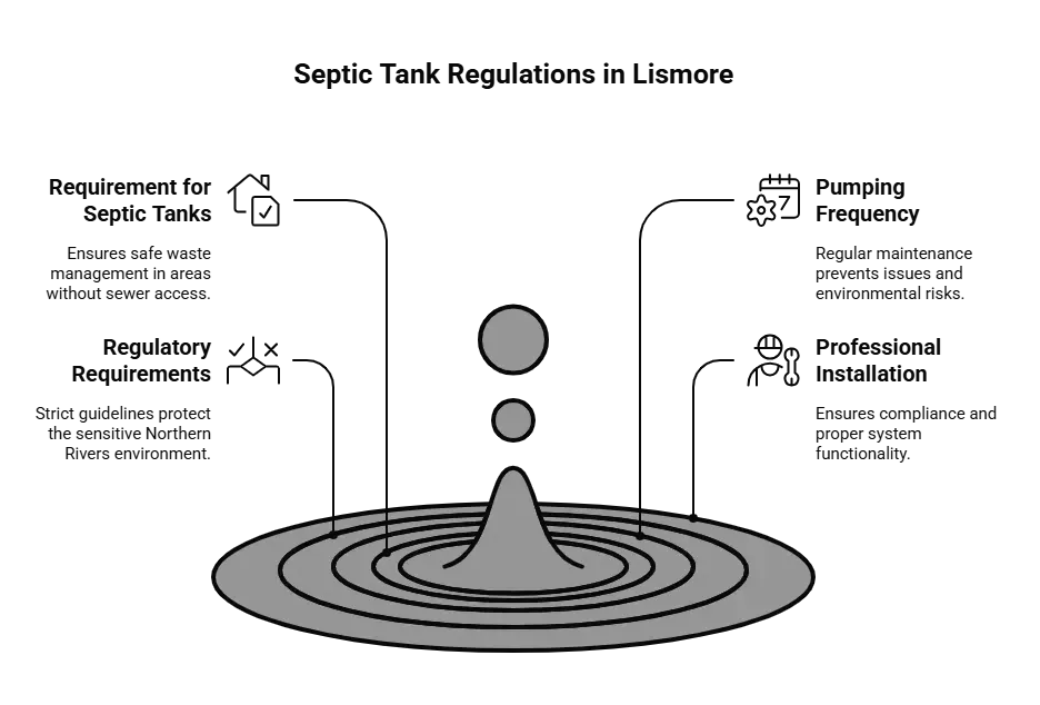Septic tank regulations in Lismore: requirements, pumping frequency, professional installation, and regulatory guidance.