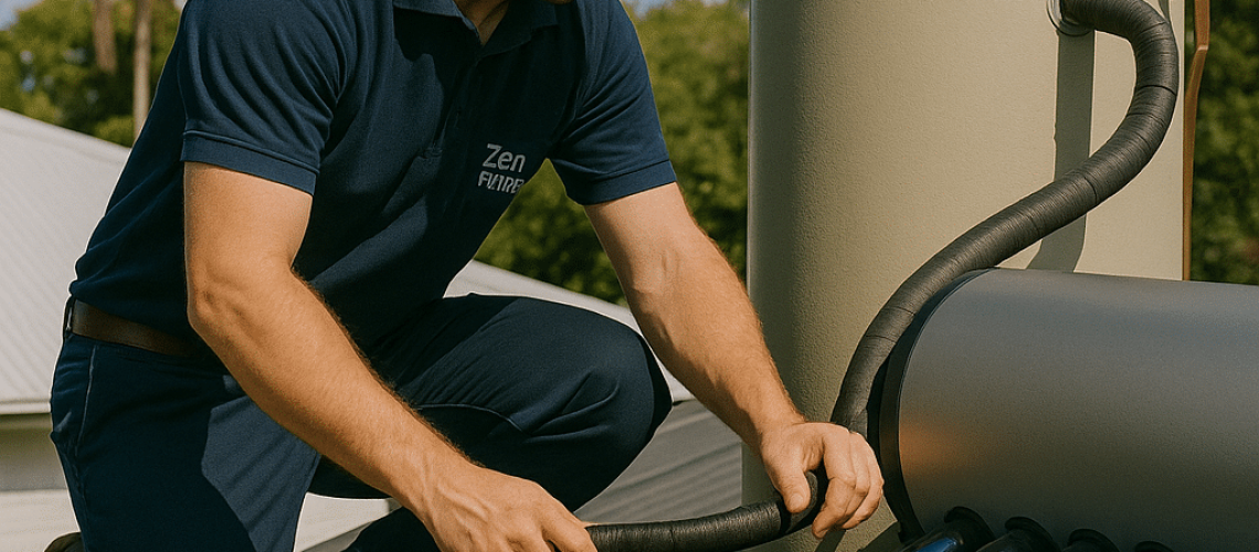 Person in blue shirt connects a hose to a solar water heater on a roof.