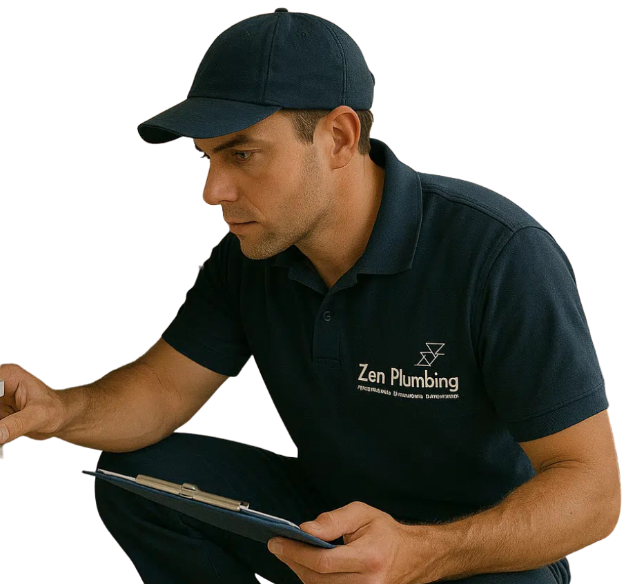 Plumber kneeling, inspecting something, holding clipboard, wearing navy cap and polo shirt; Zen Plumbing logo.