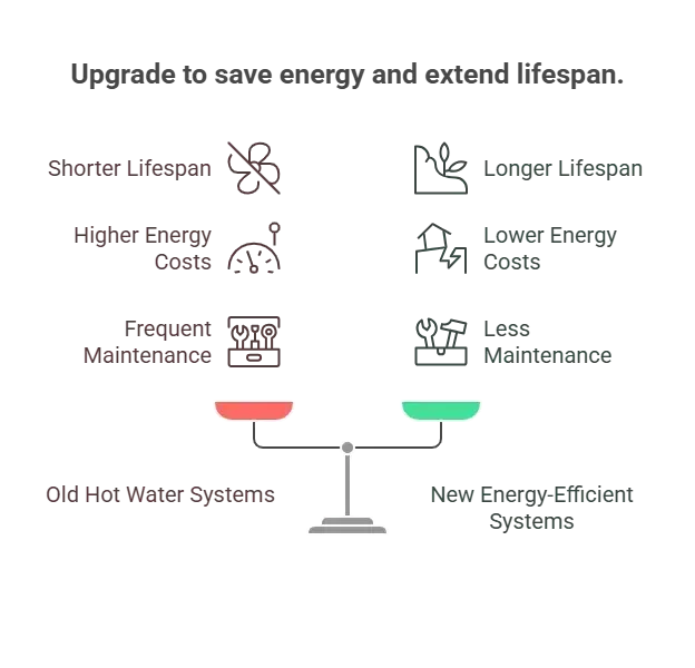 Comparison of old and new hot water systems on a balance scale, highlighting efficiency.