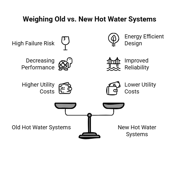 A balance scale comparing old and new hot water systems