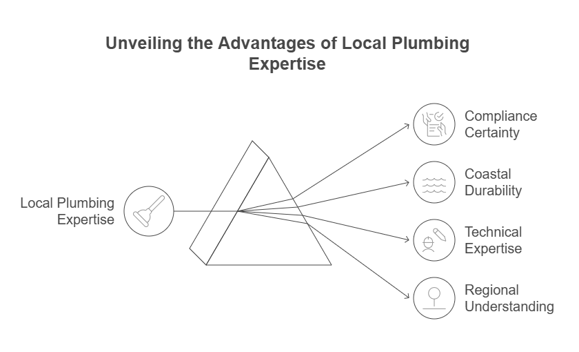 Diagram: local plumbing expertise analyzed, showing benefits like compliance, durability, and regional understanding.
