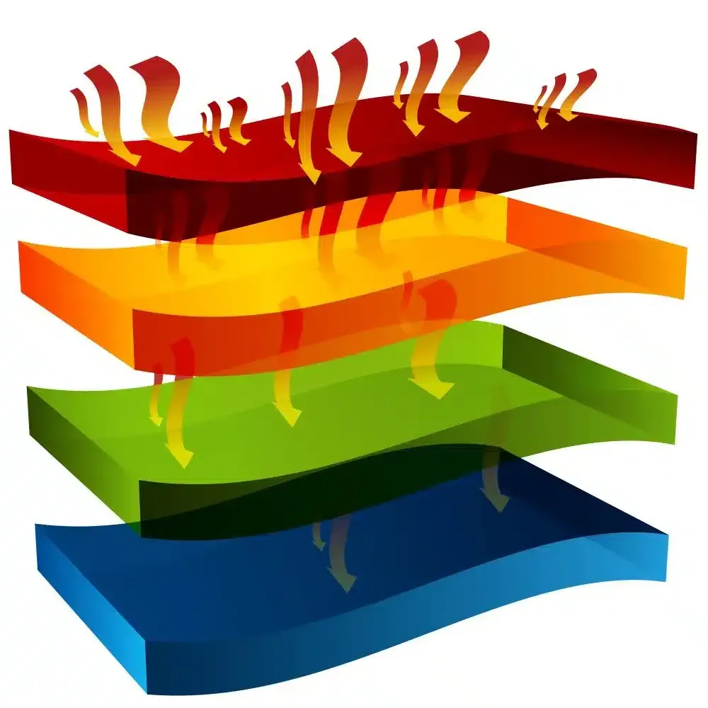 Layers of different colored materials with heat rising from the top.