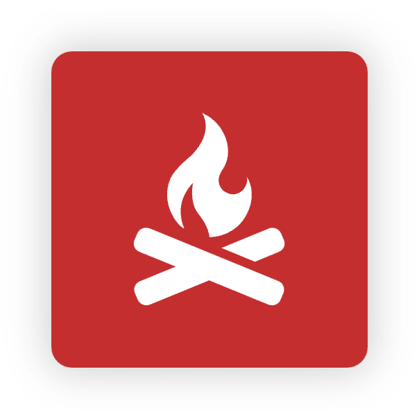 Campfire icon on red square.