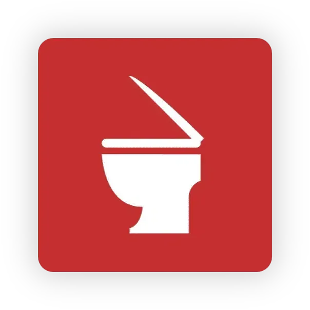White toilet symbol with open lid on a red square.