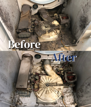 A before and after picture of a dirty washing machine.
