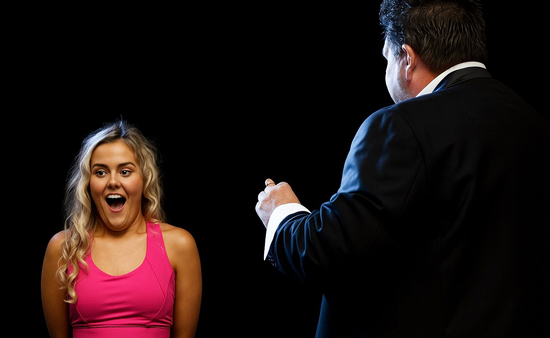 Blonde woman in pink top, surprised, looking at a man in a black suit pointing his finger, black background.