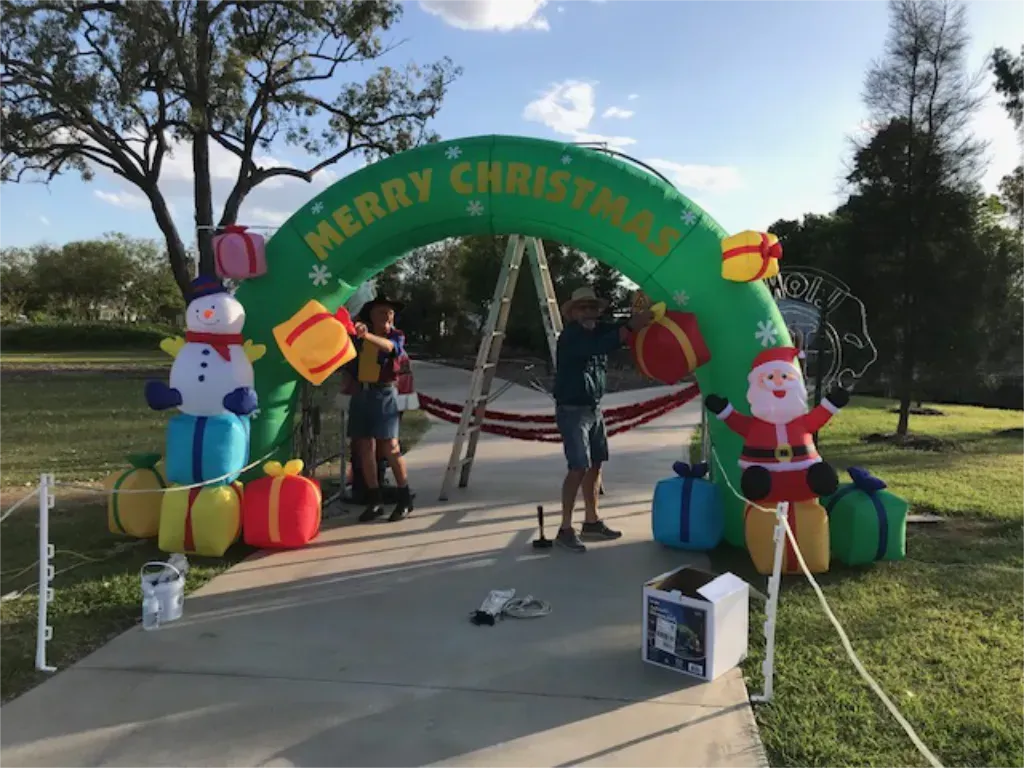 Inflating the entrance to the Christmas lights