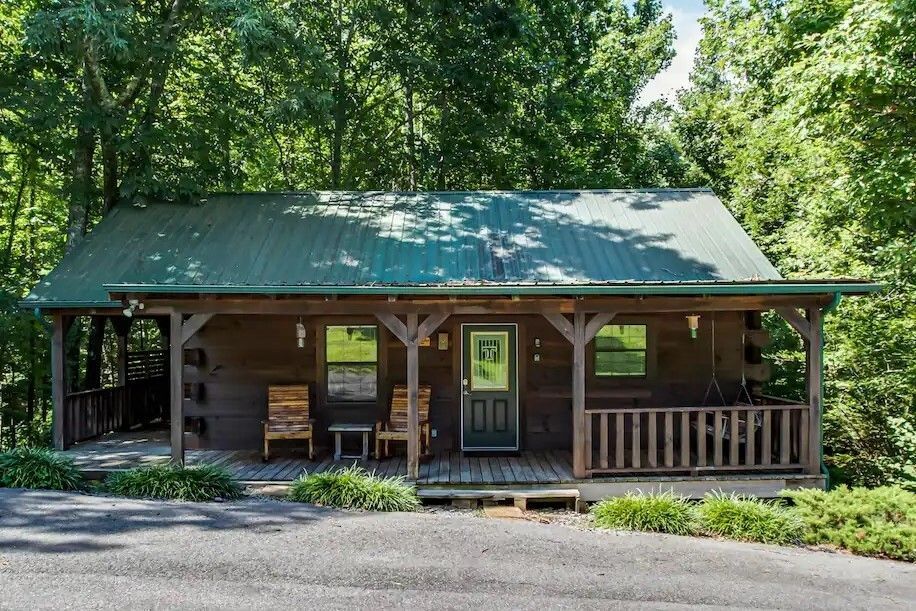 Small rustic log cabin with green metal roof surrounded by dense trees.