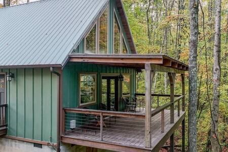 Modern cabin with green siding and a covered wooden deck in a wooded area
