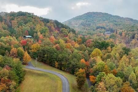 Winding road through colorful autumn forest with misty mountains in the background