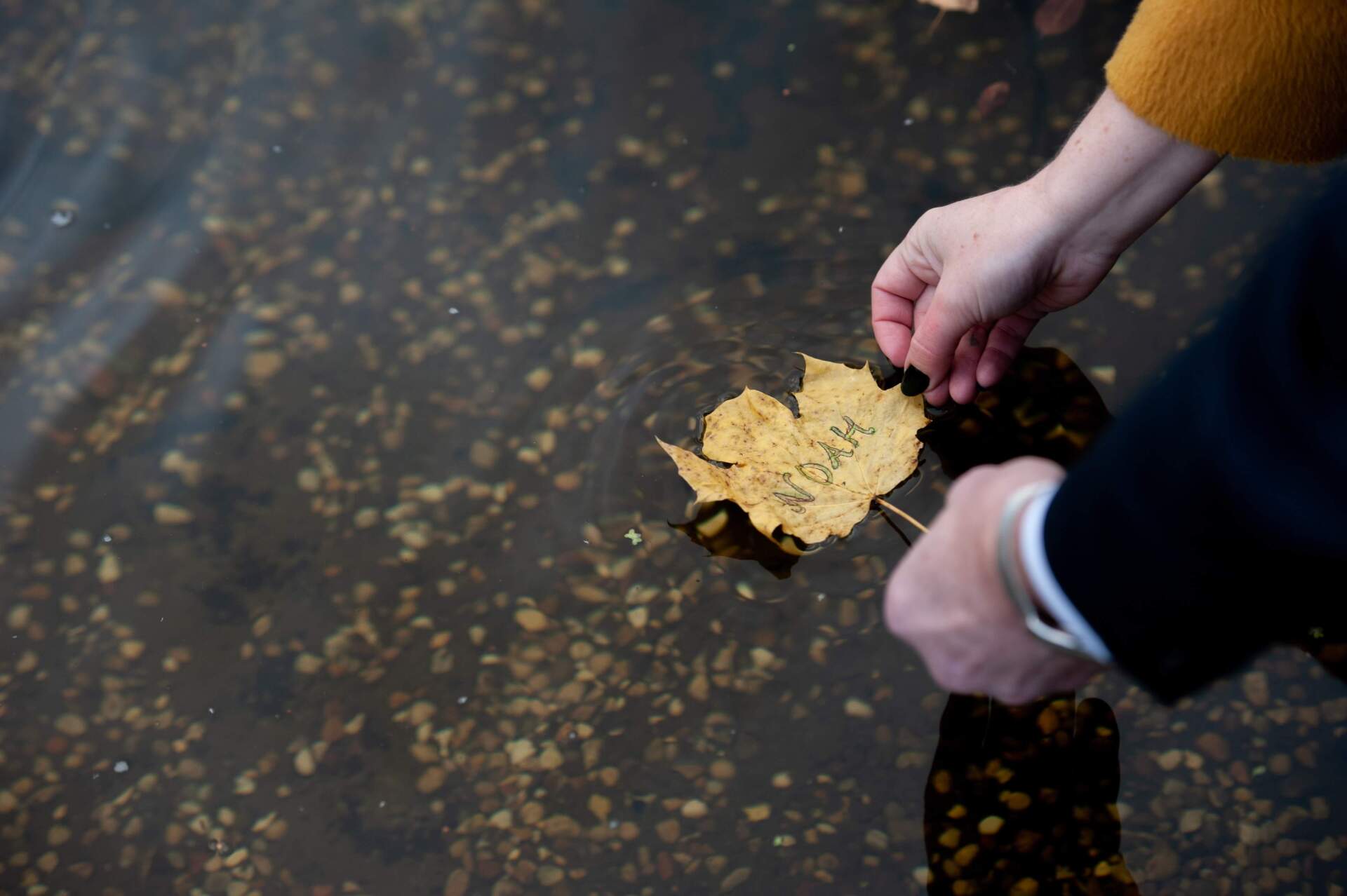 Man and Woman Release a Leaf into Water at Funeral Ceremony