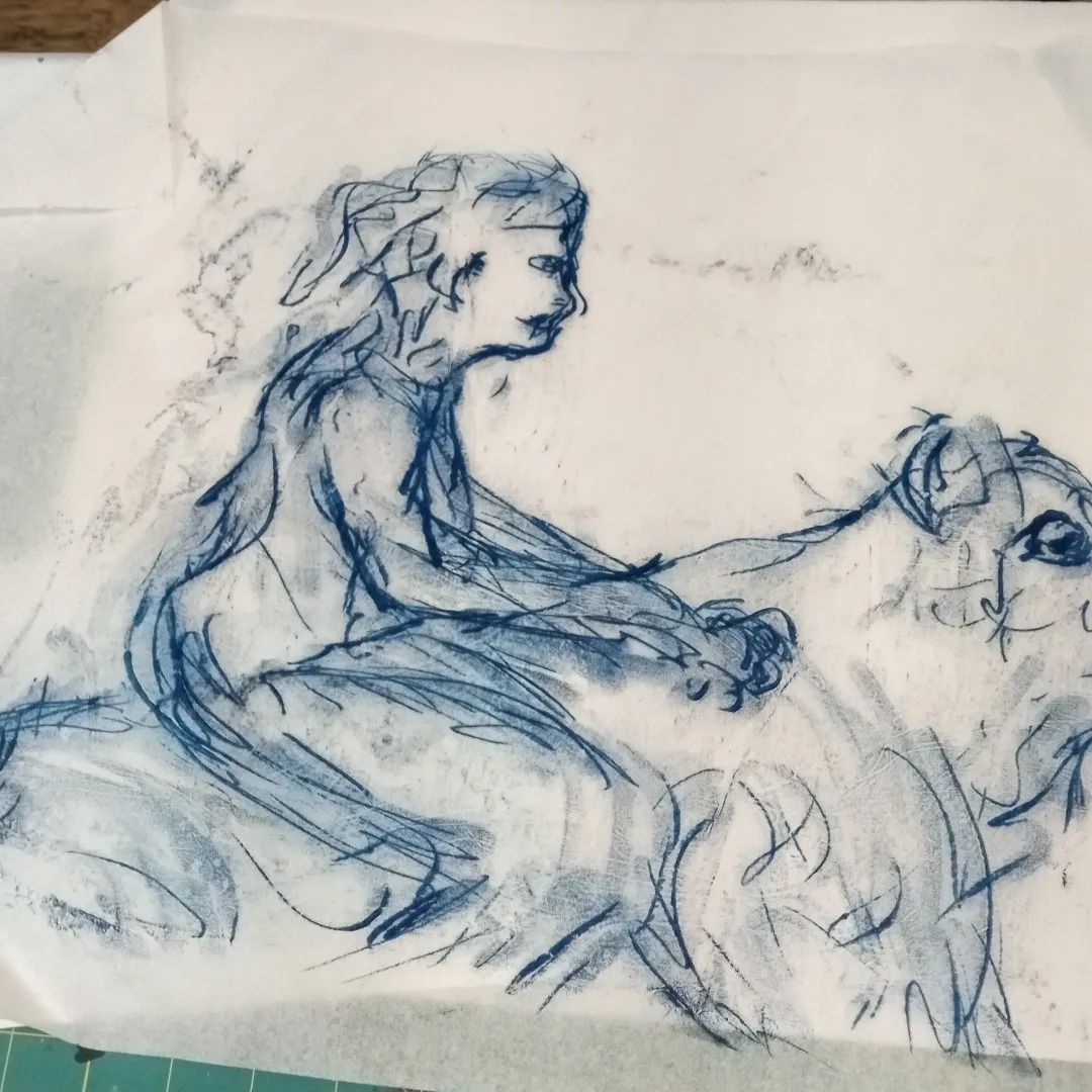 Blue sketch of a person riding an animal, possibly a horse.