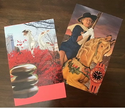 Two collaged postcards: one with a dog, red foliage, and stacked stones; the other with a person on a carousel horse and a watch.