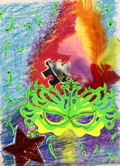 Colorful artwork with a green mask, feathers, confetti, and star.