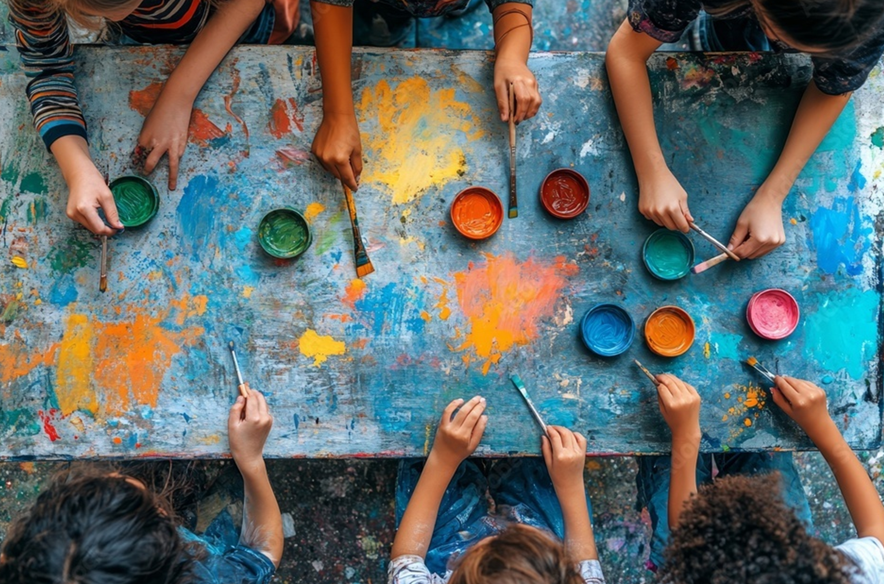 Hands of several children painting with colorful paints on a messy table.