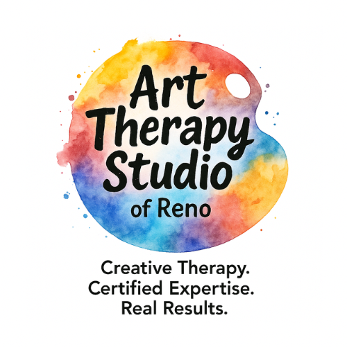 Logo for Art Therapy Studio of Reno: watercolor paint palette with text.