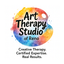 Logo for Art Therapy Studio of Reno: watercolor paint palette with text.