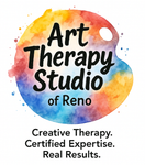 Logo for Art Therapy Studio of Reno with a watercolor palette and text.
