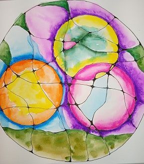 Watercolor abstract art of circles in yellow, orange, green, and purple, with black lines.