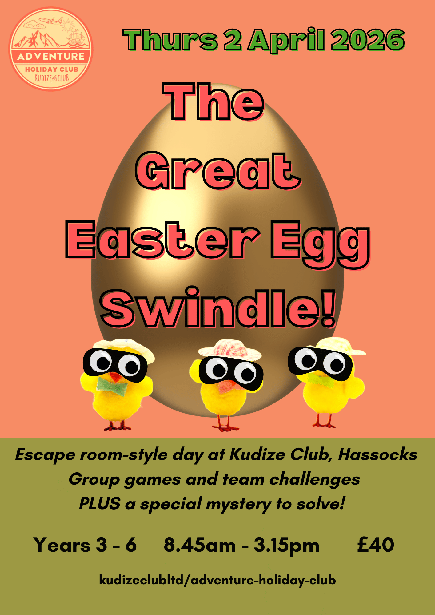 Poster for Kudize Adventure Holiday Club, Hassocks, with jungle-based activities like bush tucker trials and more