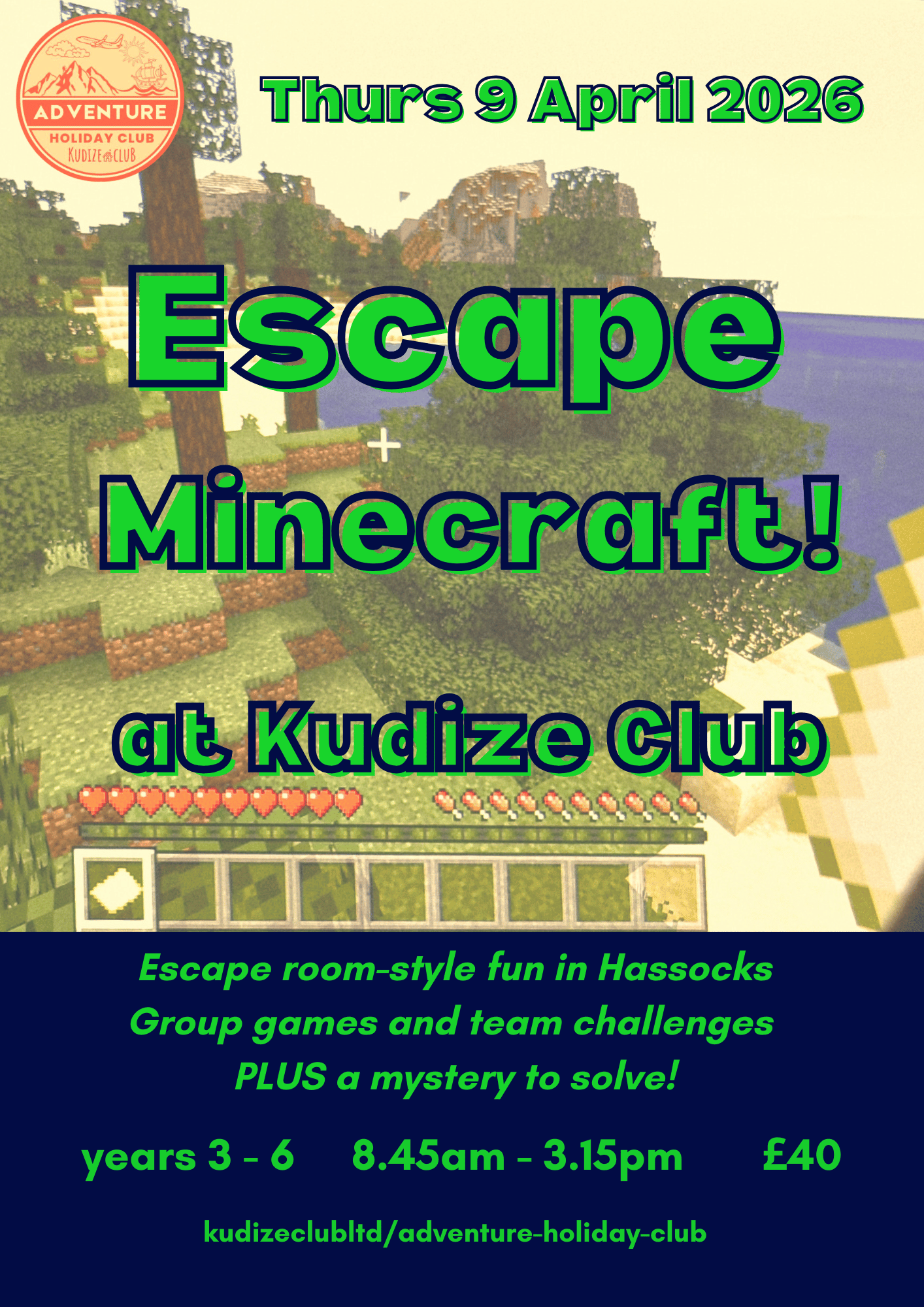 Poster for Kudize Adventure Holiday Club, Hassocks, with jungle-based activities like bush tucker trials and more