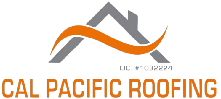 Logo for Cal Pacific Roofing featuring a gray roof icon, an orange swoosh, and license number 1032224.