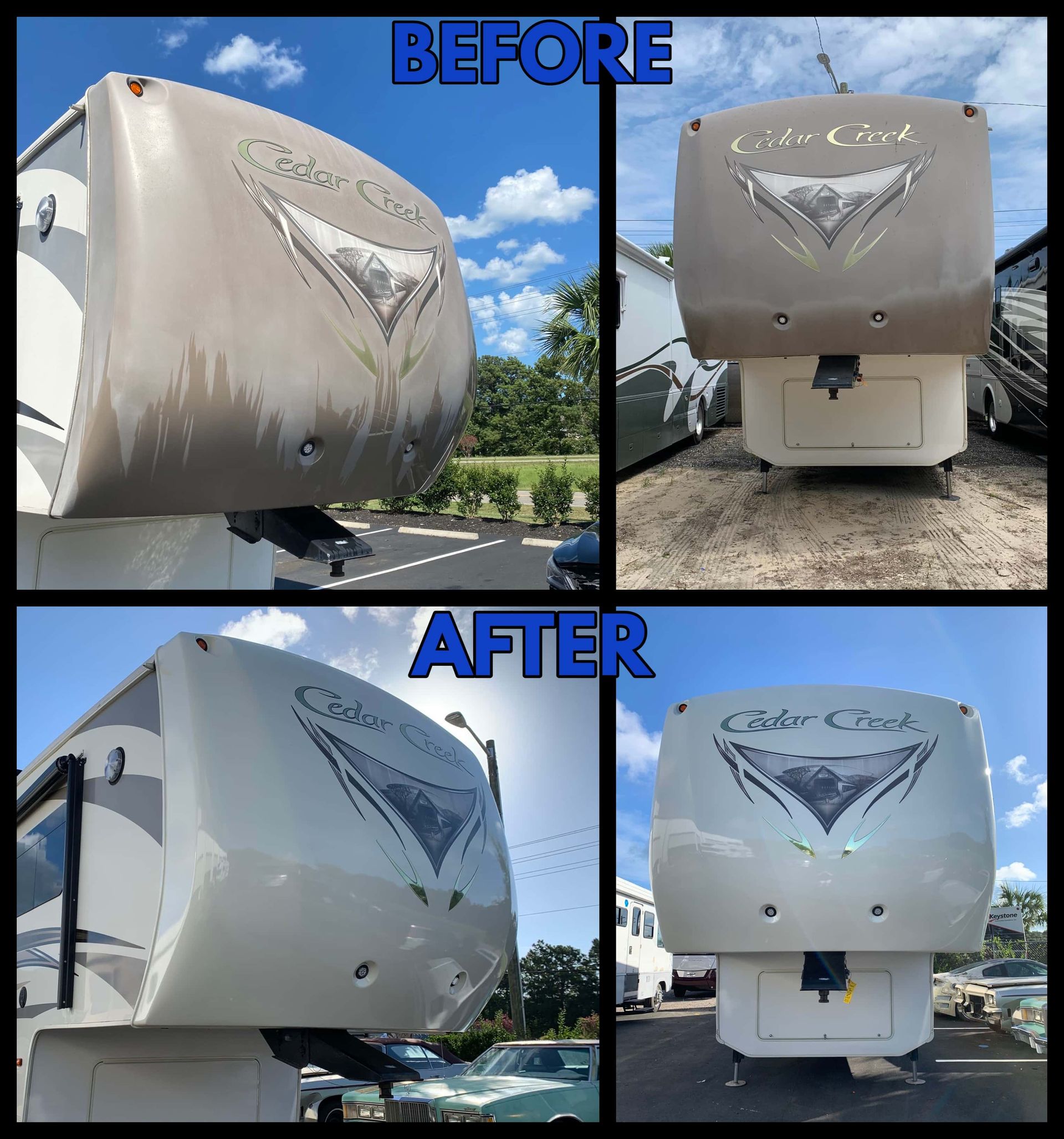 A before and after photo of a rv being cleaned.