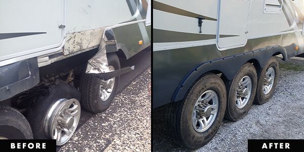 A before and after picture of a rv.