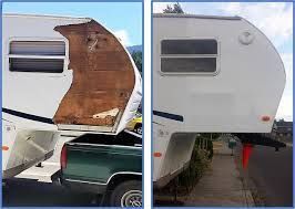 A before and after picture of a camper being towed by a truck.