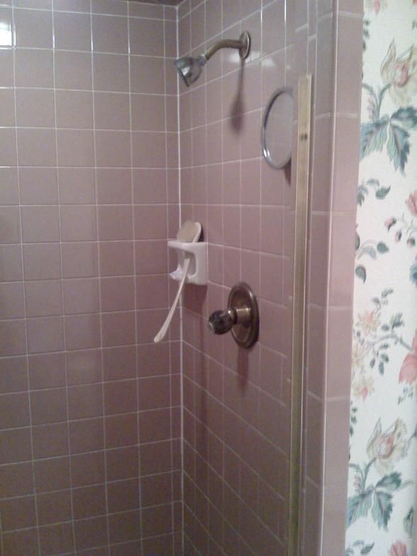 Shower with pink tiles, shower head, faucet, and mirror. White toothbrush and soap in holder.