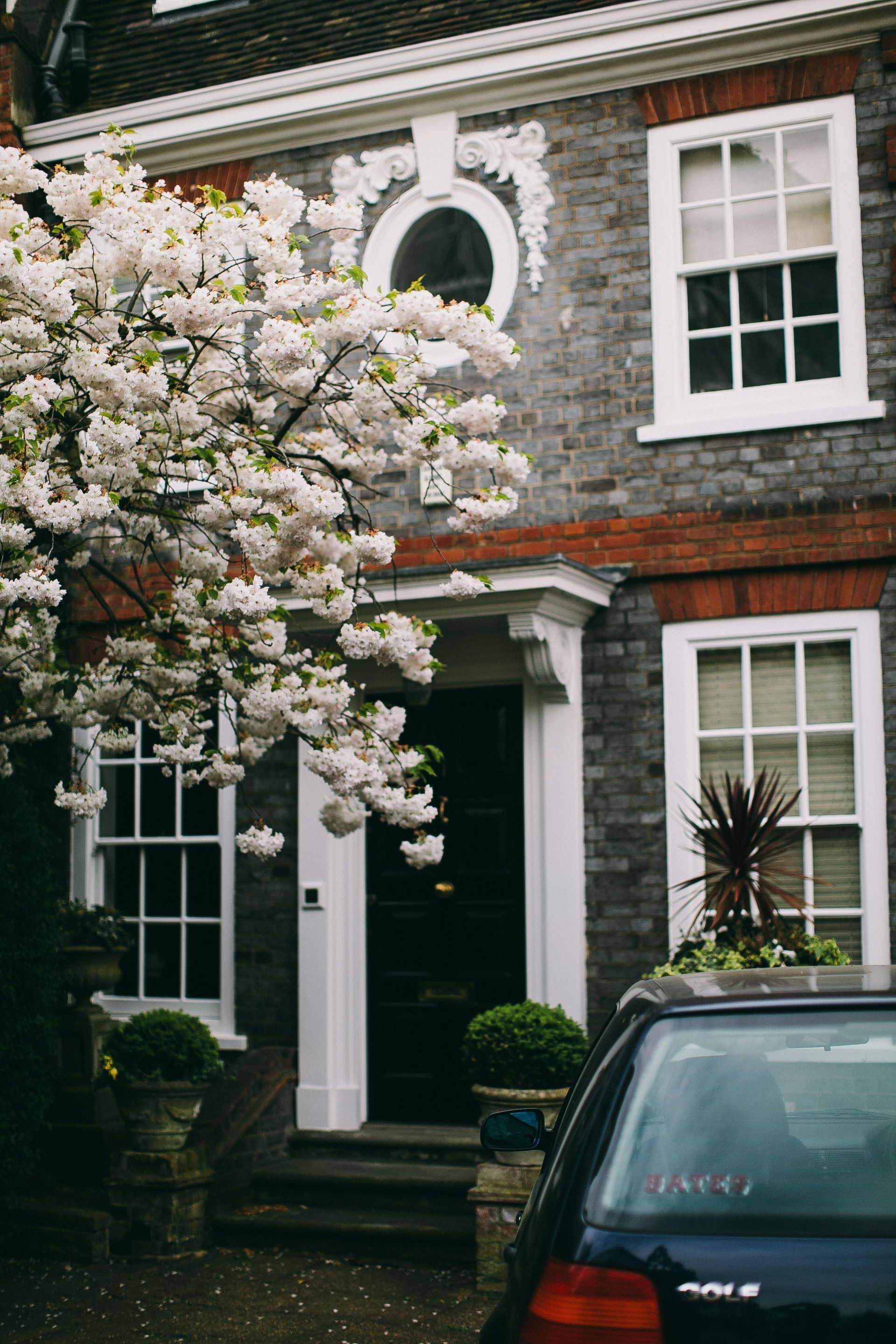 A car is parked in front of a house with a tree in front of it.