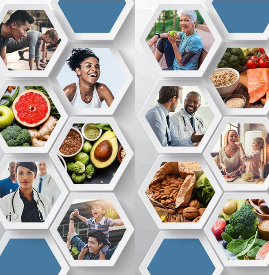 a collage of pictures of people and food in hexagons