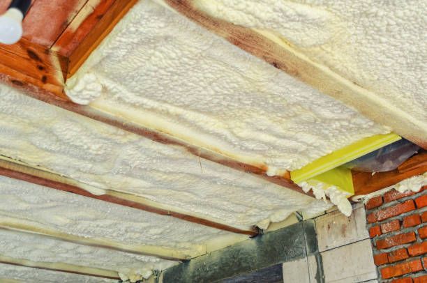 Thick layer of spray foam insulation under roof joists.