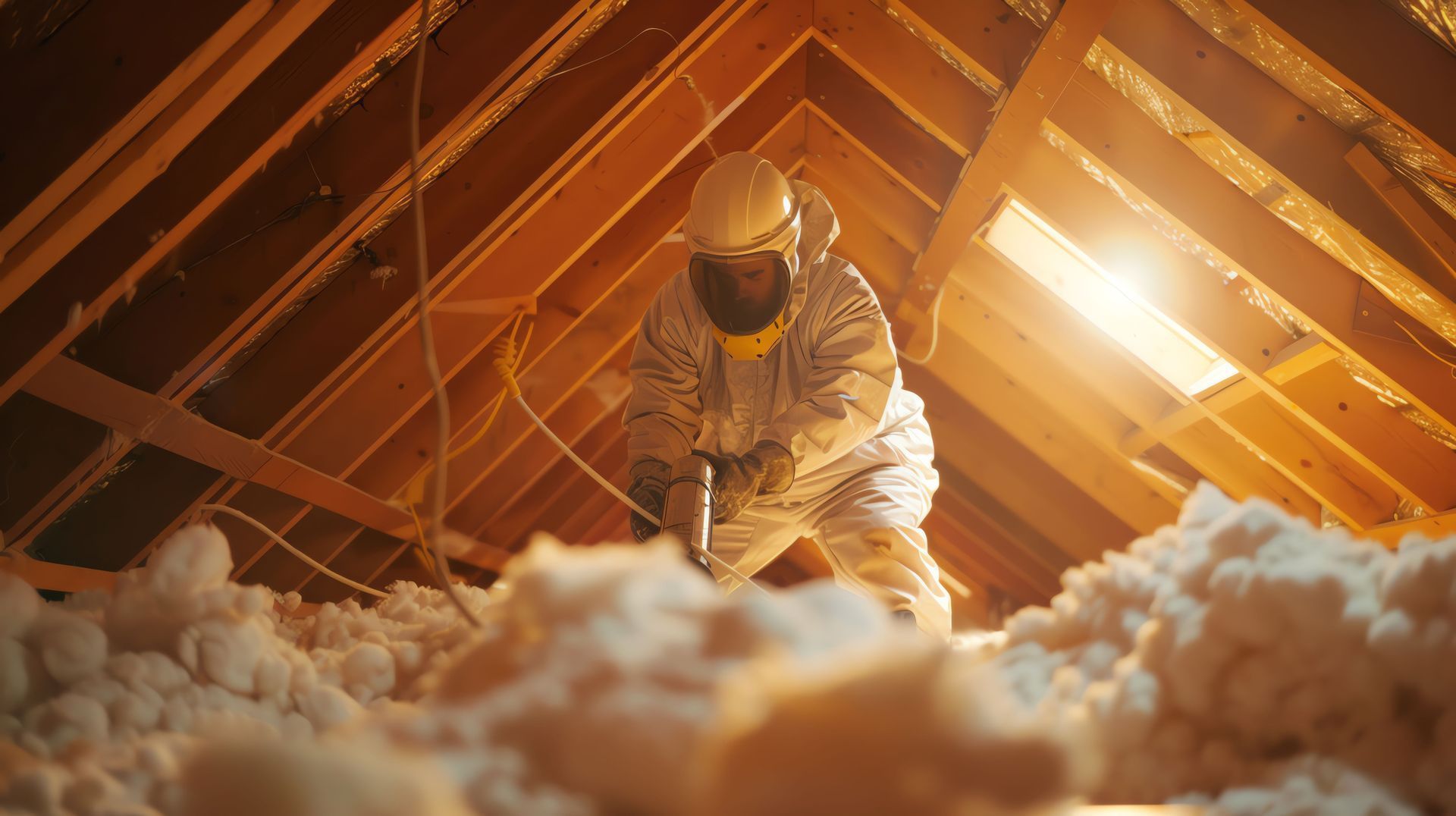 Worker spraying foam insulation in a residential attic.